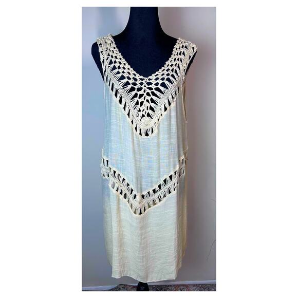 Womens Boho Crochet Swimsuit Cover Up Mini Dress One Size Beige Beach - Picture 2 of 7